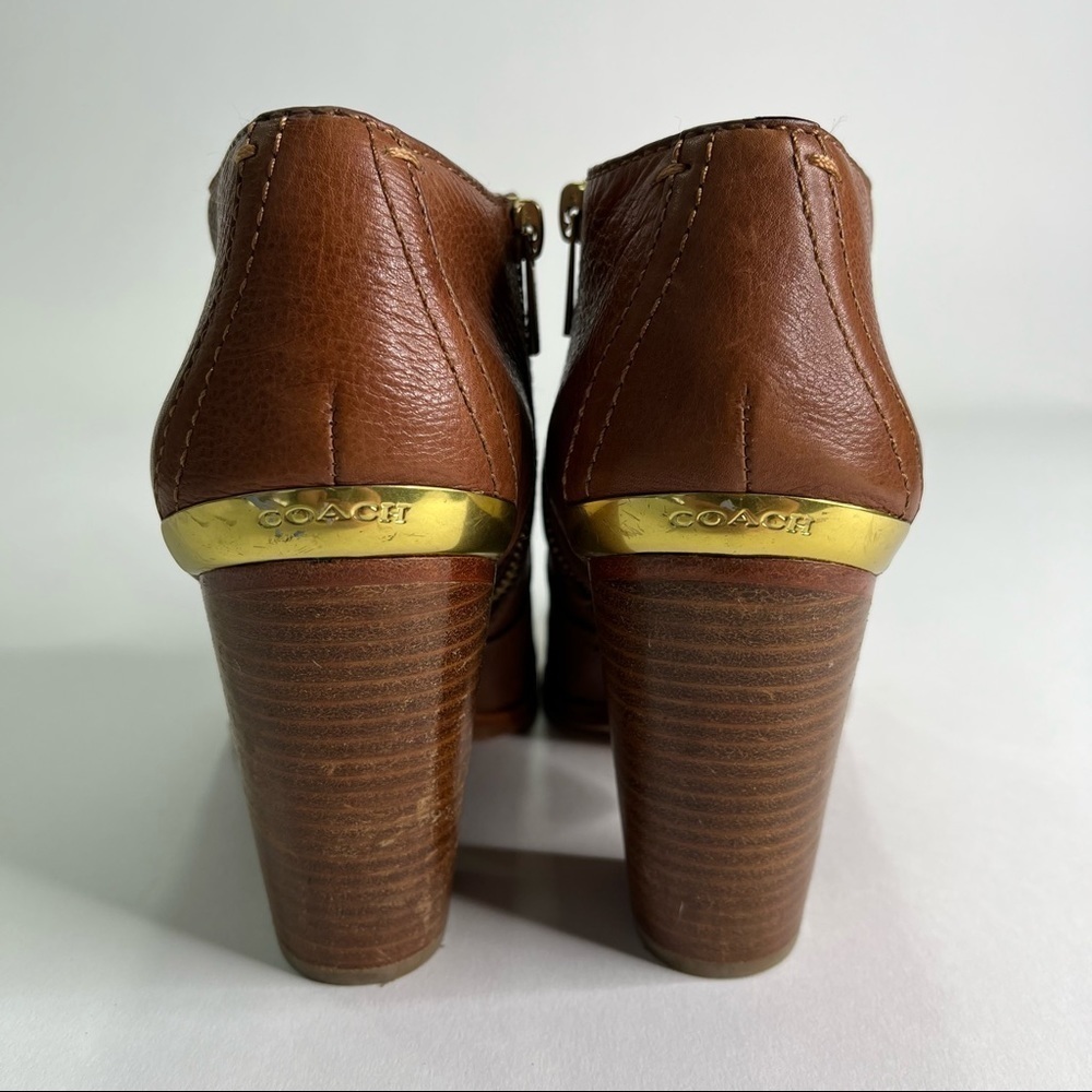 COACH Hattie Camel Brown Gold Leather Stacked Heel Ankle Classy Booties Boots - Picture 3 of 12
